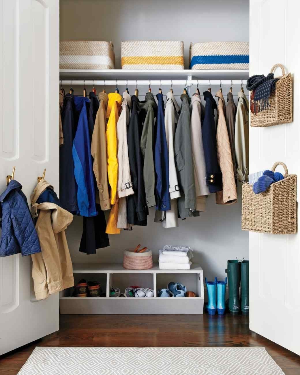 coat closet organization, how to organize your entry way closet, what to put in your front entryway closet.