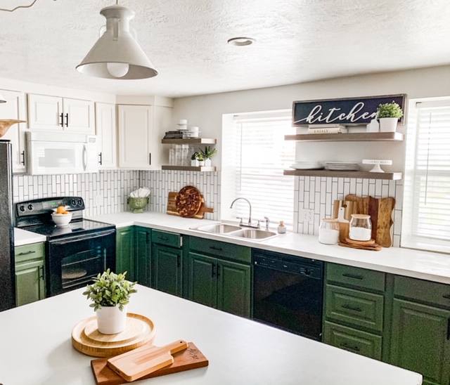 kitchen makeover, budget kitchen makeover, how to tile, concrete counter tops, green kitchen, modern farmhouse kitchen on a budget, DIY kitchen makeover, how to makeover a kitchen on a budge