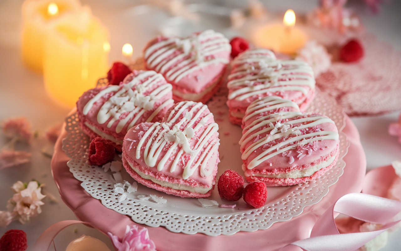 Pink Chewy coconut macaron heart cookies