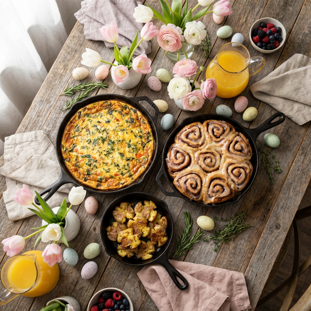 Egg in a Hole "Golden toasted sourdough egg in a hole with runny yolk and fresh chives served in a cast iron skillet on a rustic wooden table"